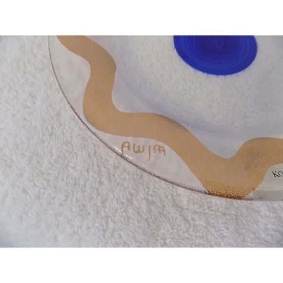 Kosta Boda Glass Cosmos Blue Dot Dessert Plate Gold Rim Signed 8" NEW IN BOX - Picture 3 of 7